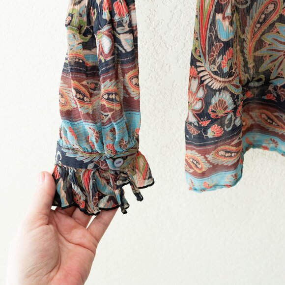 Sundance Silk Peasant Blouse Womens Small Floral Tassel Tie Sheer Boho Top - Picture 8 of 13